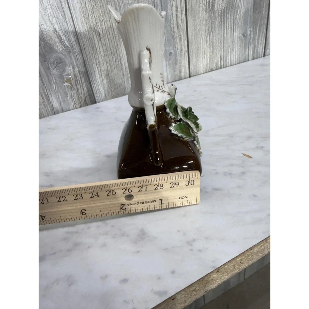 Vintage Porcelain Bud Vase 3D Applied Green Rose Gold Gilt Brown White 5.25
